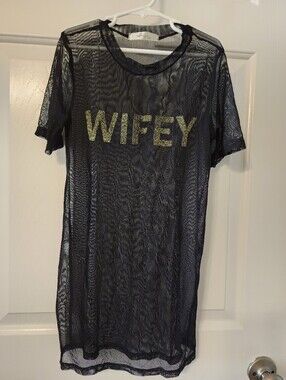Gaze USA Black Mesh Sheer WIFEY Gold Glitter T Shirt Dress Coverup Top